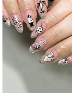 24pcs Medium-long Fun And Quirky Skull, Snake, Scorpion Patterned Glitter Almond False Nails + 1pc Jelly Glue + 1pc Nail Buffer