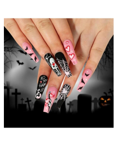 24pcs/set Halloween Themed False Nails With Heart, Spiderweb, Bat, Ghost Patterns