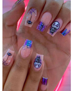 24pcs Short Square False Nails With Purple Skull & Spider Design + 1pc Jelly Glue And 1pc Nail File