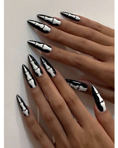 Halloween 24pcs Long Almond Skull Print Fake Nail & 1pc Nail File & 1sheet Tape