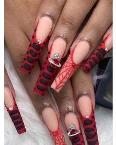 Halloween 24pcs Long Square Red Matte Rhinestone 3D Saturn Decor Cobweb Pattern Fake Nail & 1sheet Tape & 1pc Nail File