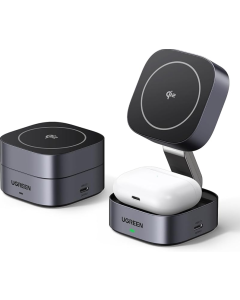 UGREEN 2-in-1 Qi2 Magnetic Foldable Charging Station, Fast Wireless Charger Compatible with iPhone 15 14 13 12, Airpods3 2 Pro (No AC Adapter)