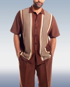 Brown Walking Suit Set with Criss Cross Pattern, Short Sleeve