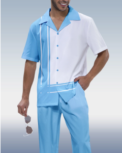 Blue Patterned Short Sleeve Walking Suit