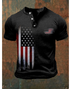 Men's Vintage Flag Print Casual Button Polo Shirt