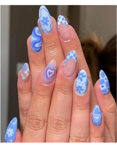 Get Glamorous with 24pcs Long Almond Blue Heart Star Floral Pattern French Fake Nail & 1sheet Tape & 1pc Nail File