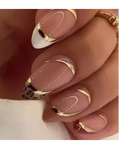 Transform Your Nails with 24pcs Long Almond French Leopard Golden Line Fake Nail & 1pc Nail File & 1sheet Tape