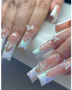 Transform Your Nails with 24pcs Long Square Aurora Butterfly Rhinestone Decor Fake Nail & 1sheet Tape & 1pc Nail File