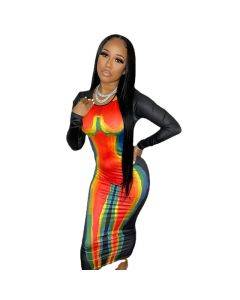 Herbst 2022 Thermo-Design bedruckte Farbkollision dünnes Langarmkleid für Damen