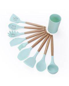 kn082 9 in 1 Wooden Handle Silicone Kitchen Tool Set with Storage Bucket(Green)