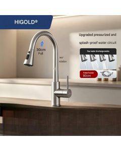 HIGOLD 304 Stainless Steel Kitchen Faucet with Pull-Down Sprayer, 360° Swivel, Splash-Proof Modern Sink Tap, Hot & Cold mixer
