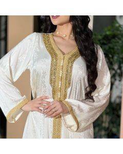Middle Eastern New Women's Dress Embellished with Rhinestone Lace Long Robe Muslim White Satin Floral Dress.