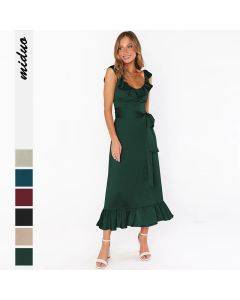 Jtfur New Design Ladies Elegant Sleeveless Skirt Ruffled Satin Women Casual Dresses