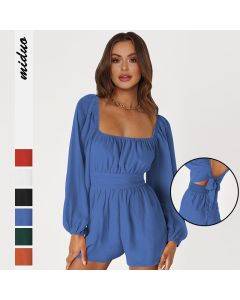 Maining Women's Shorts Romper 2023 New Women's Pants Solid Color Loose Casual Long Sleeve Jumpsuit For Women
