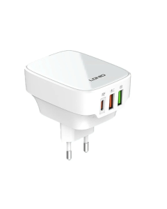 LDNIO 32W 3-Port USB PD Charger 2USB-A+USB-C PD QC3.0 Fast Charging Wall Charger Adapter EU Plug with 1M USB-A/Type-C to Type-C Cable - White with USB-A to Type-C Cable