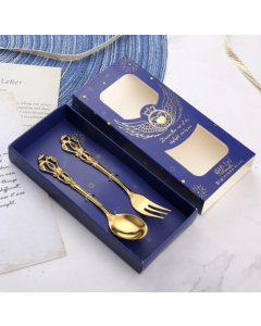 2 pieces/box Retro Hollow Embossed Dessert Spoon and Fork Set Carved Tableware Gift Box