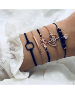 5-in-1 Personalized Compass Hexagonal Bracelet with Diamond-Studded Heart Bead Pendant Jewelry