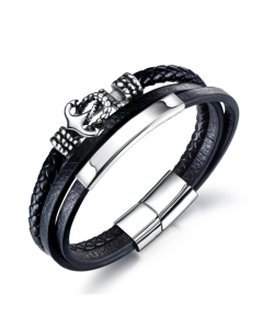 Stainless Steel Ship Anchor Men's Leather Bracelet with Multi-Layer Woven Vintage Bracelet