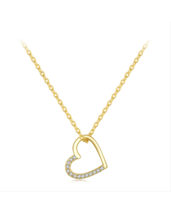 Sterling Silver S925 Cubic Zirconia Simple and Fashionable Hollow Heart Necklace (Color: Gold)