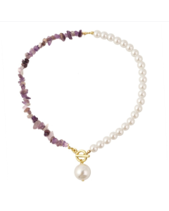 Bohemian Colorful Natural Stone Necklace, Model: N2106-22 Purple Stone Single Chain