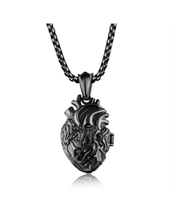 Customizable Titanium Steel Heart Pendant with Openable Feature, Color: Black Large Size + 4x60cm Pearl Chain