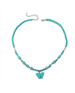 Bohemian Turquoise Natural Stone Sweater Retro Pendant, Model: N2203-14 Butterfly Design