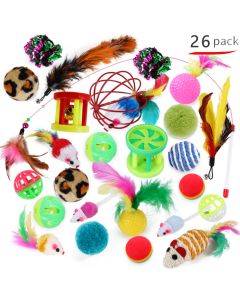 26 piece set of cat combination toys, cat teaser sticks, mouse bells, balls, feathers