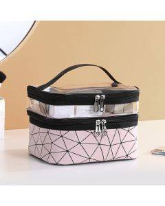 Transparent diamond double-layer cosmetic bag portable portable travel storage multi-functional bag (pink)