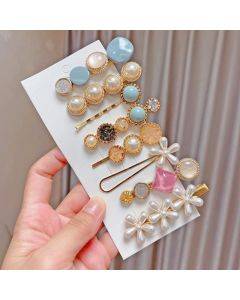 8PCS/Set Blue Alloy Colorful Hairpin Headgear Pearl Rhinestone Clip Set