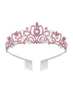 G2888 Crystal Diamond Wedding Party Braided Hair Crown Show Headband, Color: Pink