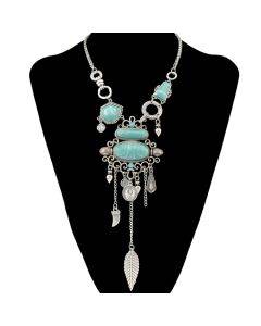 Exaggerated hollow patterned turquoise alloy gemstone necklace