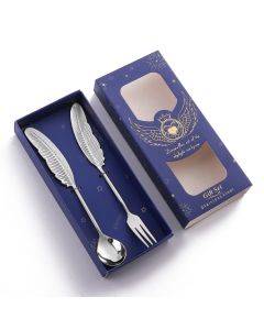 304 Stainless Steel Feather Spoon Fork Literary Tableware,Style: 2 In 1
