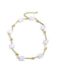 N2209-1 Twisted Stick Square Pearl Women's Elegance Necklace with Collar Chain