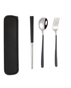 3pcs / Set Portable Stainless Steel Tableware Creative Set Chopsticks Spoon Fork Gift, Color:Black