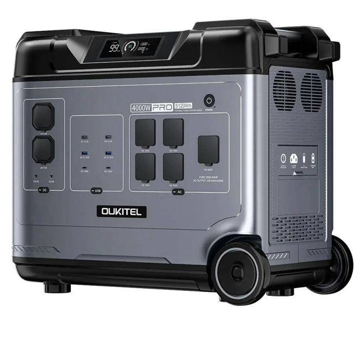 OUKITEL P5000 Pro hordozható erőmű, 4000 W-os AC kimenet, 5120 Wh-s LiFePO4 akkumulátoros napelemes generátor kerekekkel, 15 kimenettel, zökkenőmentes UPS otthoni akkumulátor-biztonsági mentés, kettős 100 W-os USB-C alkalmazásvezérléssel kültéri kemp