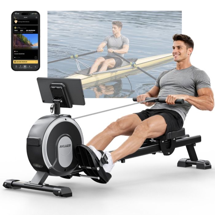 Akluer RM001 Magnetic Rowing Machine 16-Level Adjustable Resistance 20dB Quiet Operation Dual-Rail Stable Construction 150kg Max Load Vertical Foldable Design Kinomap App Support Phone & Tablet Holder Training Equipment