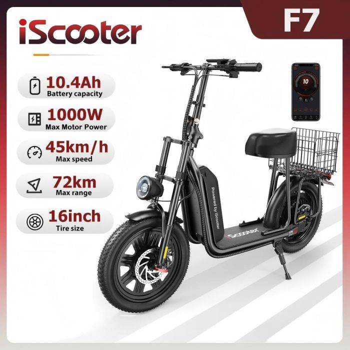 iScooter F7 48V 1000W elektromos roller 45km/h 72km hatótávolság Applikációvezérlés 16"-os terepjáró kerekek Összecsukható hátsó kosár Tökéletes bevásárlási segítő