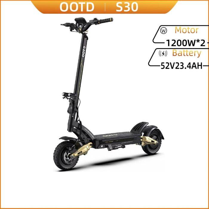 OOTD S30 felnőtt elektromos robogó 2 * 1200W kettős motoros összecsukható 52V23.4Ah 10 hüvelykes terepjáró gumiabroncsok Erőteljes városi ingázó robogó