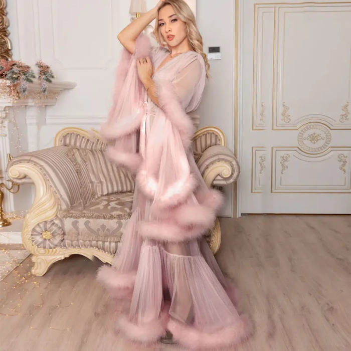 Pink feather dressing gown hot sale