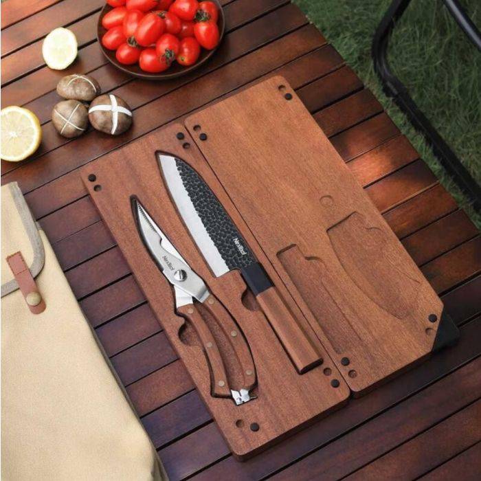 Nextool Camp solid wood cutting board knife and scissors