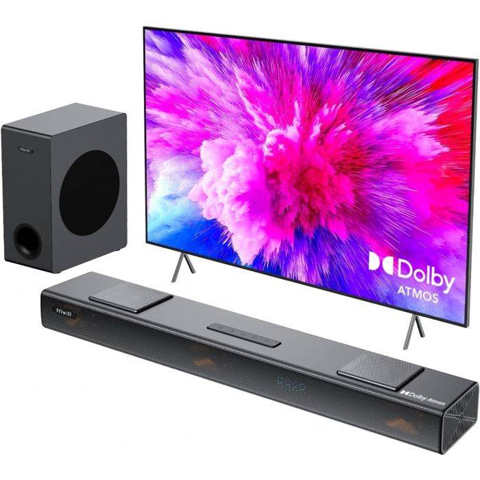 Hiwill 4.1ch Soundbar with Dolby Atmos, 300 W Soundbar for TV Devices with Subwoofer, 2 Front Surround Speakers, HDMI eARC, Treble and Bass Adjustable, Surround Sound for TV, HiElite A41 