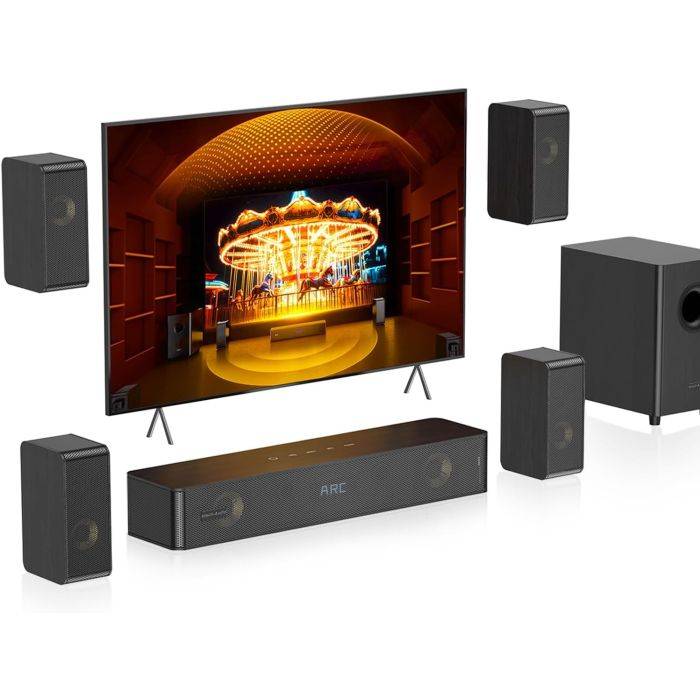 Hiwill-Audio N512, 5.1.2 csatornás soundbar TV-hez, 4 surround hangszóró, 400 W csúcsteljesítmény, házimozi virtuális surround hangrendszer soundbar 5,25 hüvelykes mélynyomóval, ARC/optikai/BT 5.3/AUX/USB