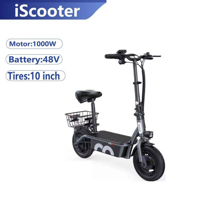 iScooter F3 48V 1000W nagy teljesítményű elektromos roller, 45km/h sebesség, 10 hüvelykes gumiabroncsok, ülés és kosár felnőtteknek