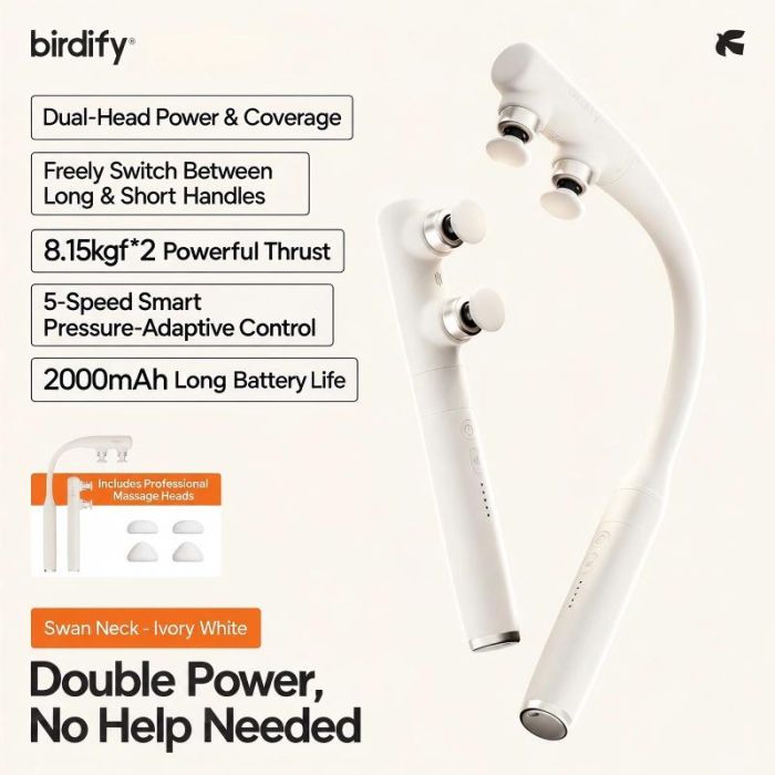 Birdify G40 kétfejes masszázspisztoly, 8,15 kgf×2, erőteljes tolóerő, 5 sebességes mélyszöveti ütőmasszírozó, 2000 mAh akkumulátor, levehető hosszú és rövid nyél