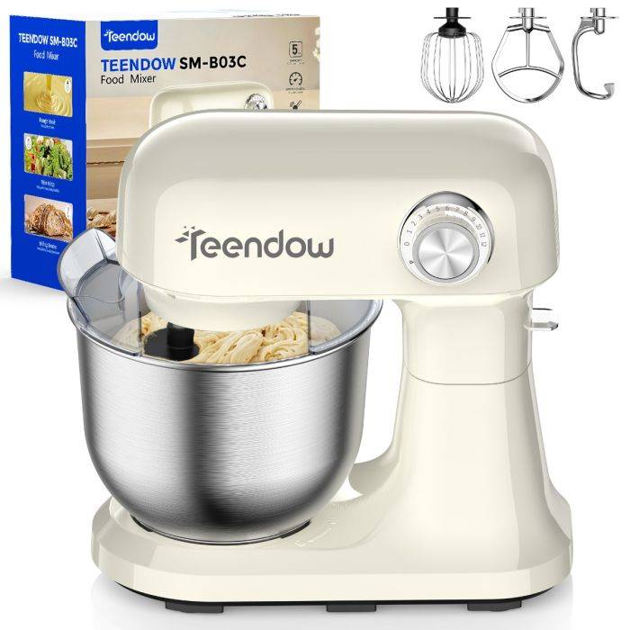 [EU Direct] Teendow SM-B03 álló mixer, 5 literes dönthető fejű elektromos ételmixer 12 fokozatú állítható sebességgel, rozsdamentes acél tállal, tésztahoroggal, habverővel és keverővel konyhai sütéshez