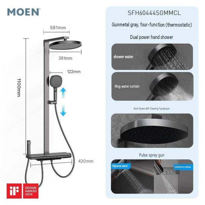 Moen Starship zuhanyszett zongorabillentyűkkel, nagy platformmal, tárolópisztollyal, szürke fürdőszobai otthoni zuhanyszett