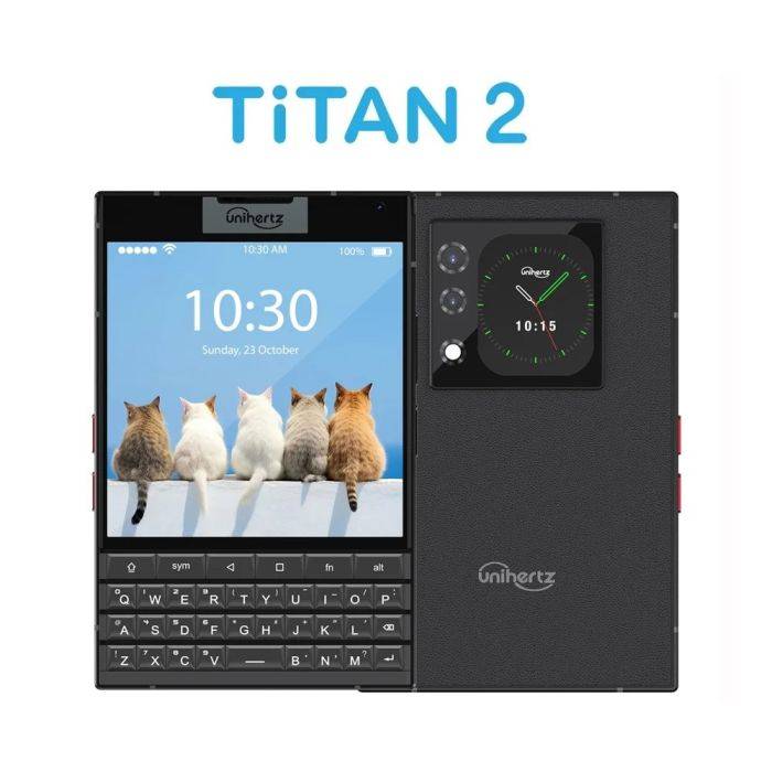 Unihertz Titan 2 5G okostelefon Android 15 fizikai billentyűzettel, dupla képernyővel, 512 GB tárhellyel, 12 GB tárhellyel, 50 MP-es RAM-mal, 32 MP-es kamerával, Dimensity 7300 Dual SIM kártyával