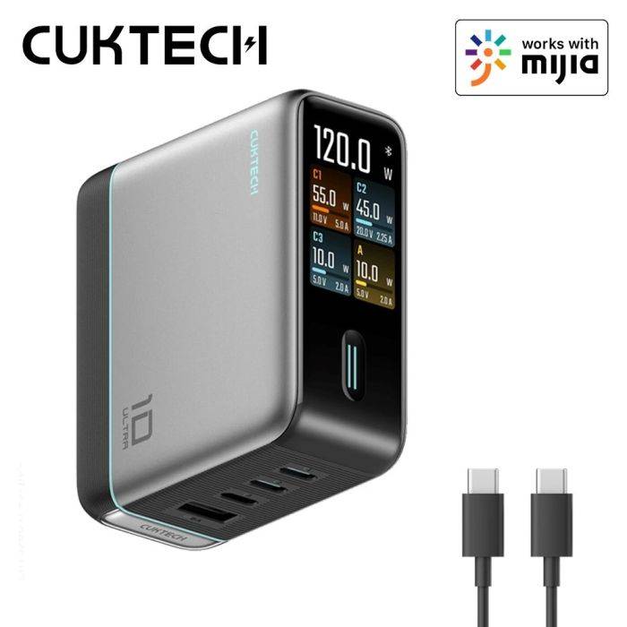 CUKTECH 10 Ultra GaN digitális kijelzős, többportos töltő 120W, kompatibilis az Apple, Xiaomi, Huawei, Samsung 17 Pro készülékekkel, és integrálva a Mi Home alkalmazással