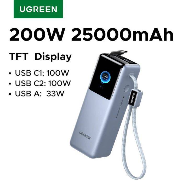UGREEN Nexode Pro 200W 25000mAh hordozható külső akkumulátor, visszahúzható kábelekkel, hordozható PD külső akkumulátorral, laptop gyors töltéséhez