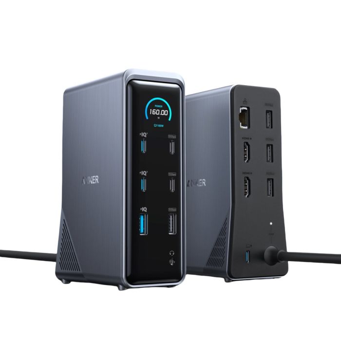 Anker Prime töltő 160W 14 az 1-ben asztali töltő dokkolóállomás C típusú intelligens vezérlésű kijelzővel 10Gbps dupla 4K háromképernyős